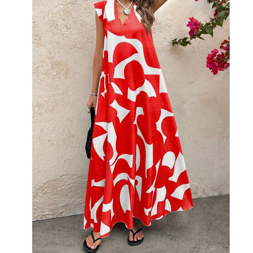 Abstract Geo Print Cap Sleeve V neck Flowy Maxi Dress - Picture 5 of 11